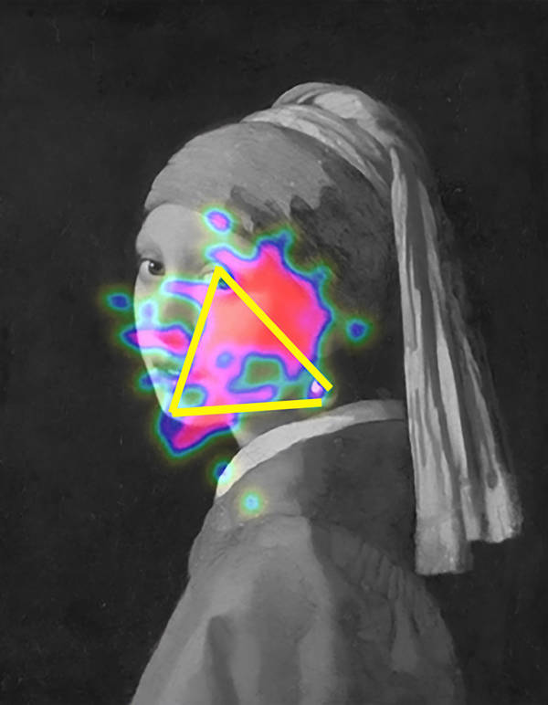 Het meisje met de Parel in zwart wit, met daarover een driehoek in kleuren, die de sustained attentional loop laten zien.