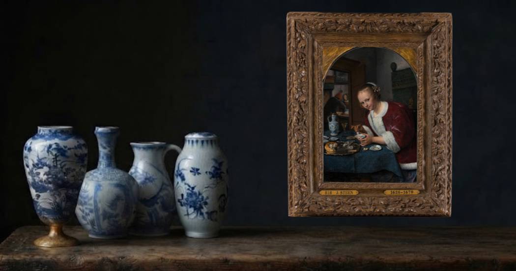 Vier vazen naar het schilderij 'Het oestereetstertje' van Jan Steen.