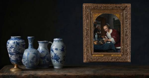 Vier vazen naar het schilderij 'Het oestereetstertje' van Jan Steen.
