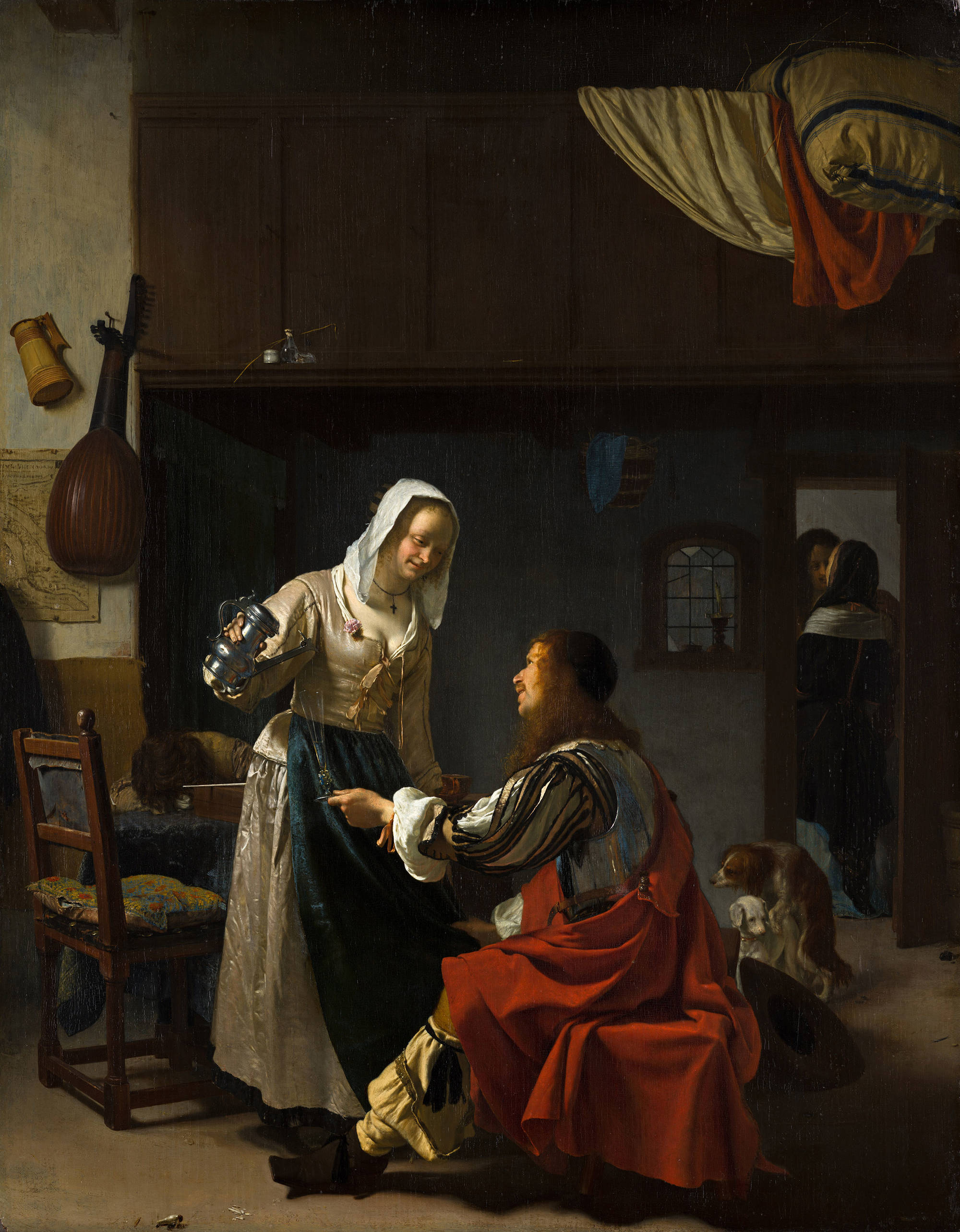 Een soldaat laat zich nog eens inschenken door de dienster, met zijn andere hand trekt hij haar stiekem naar zich toe. Een schilderij van Frans van Mieris.