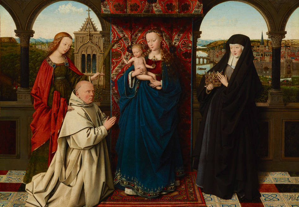 Een werk van Maria en kind, met de heilige Barbara, heilige Elizabeth van Hongarije en Jan Vos, gemaakt door Jan van Eyck en atelier.