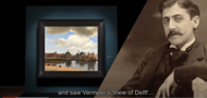 Een YouTube-still, met een dwarsdoorsnede van Vermeer's View of Delft en een foto van een man. De ondertiteling is: and saw Vermeer's 'View of Delft'... 