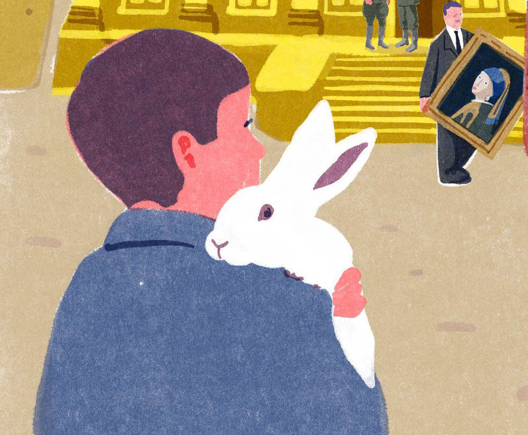 Een detail van de tentoonstellingsposter Huis in de Storm: jongen met een konijn op zijn schouder kijkt hoe schilderijen uit het Mauritshuis verplaatst worden.