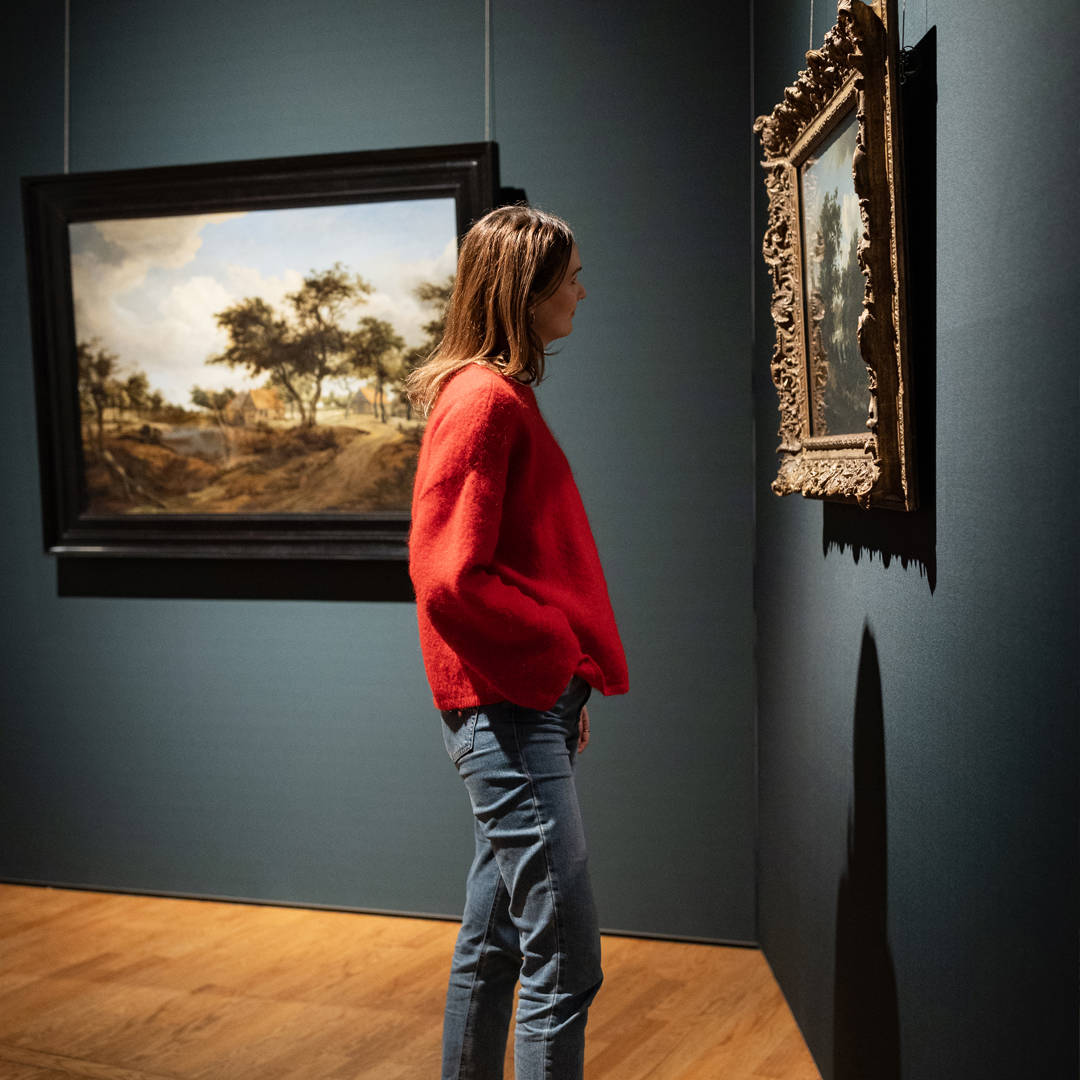 Een vrouw kijkt naar een schilderij in de tentoonstelling Huis in de Storm in het Mauritshuis.