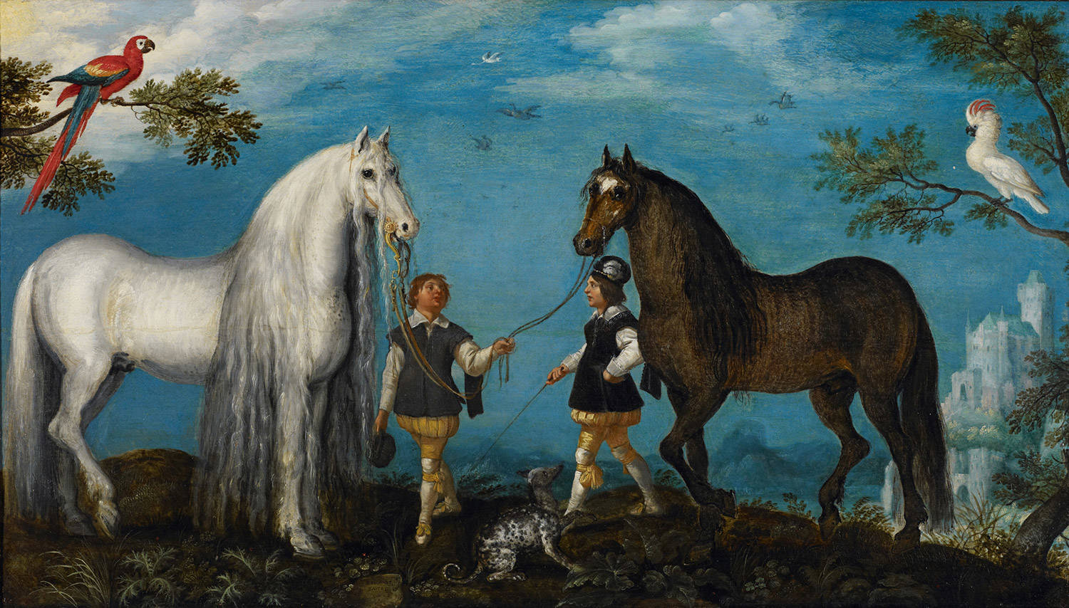 Een schilderij met twee paarden en twee stalknechten die in een bos staan, eromheen vogels en in de achtergrond een kasteel.