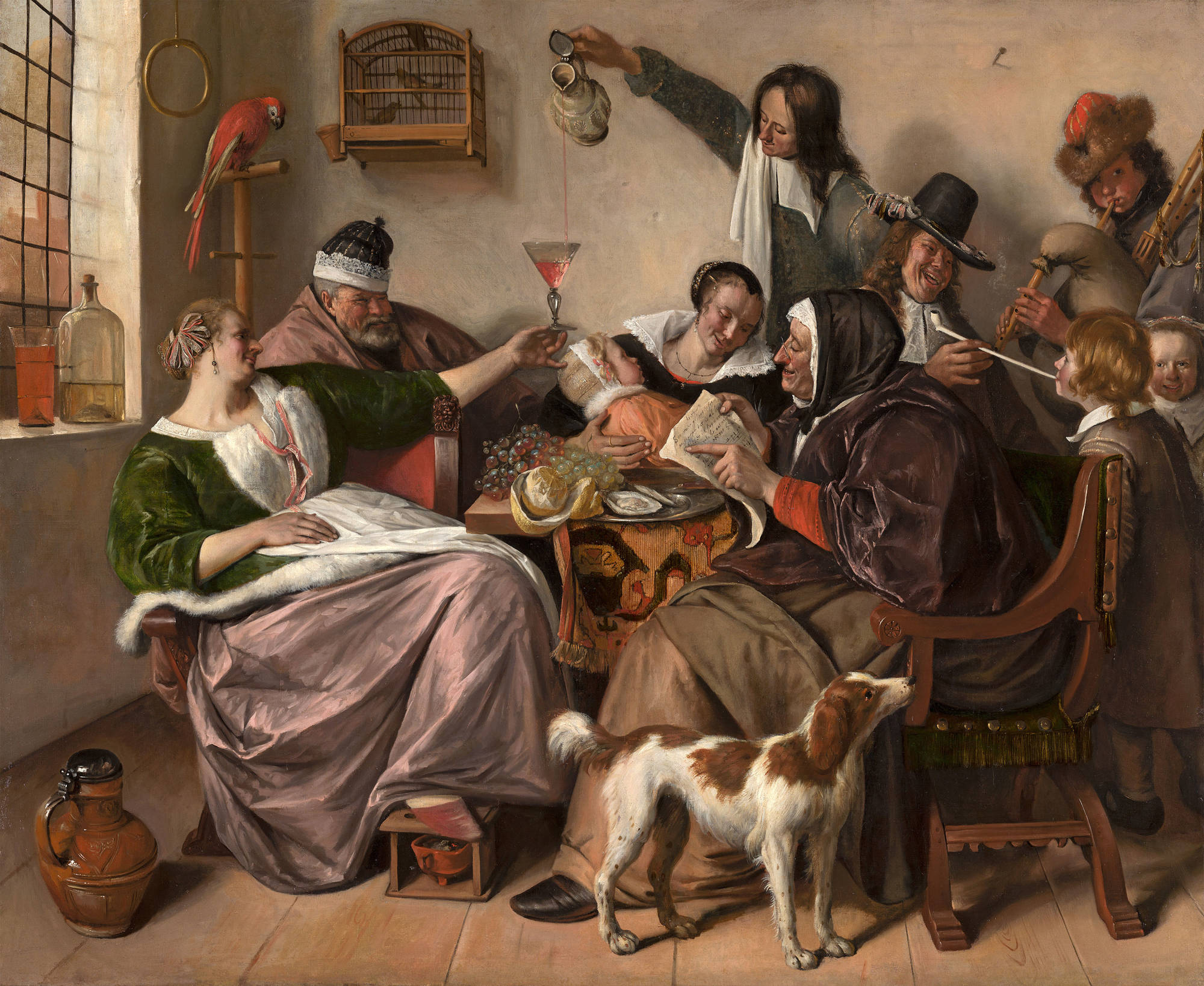 Jan Steen beeldt op dit schilderij het spreekwoord ‘Soo voer gezongen, soo na gepepen’ uit.
