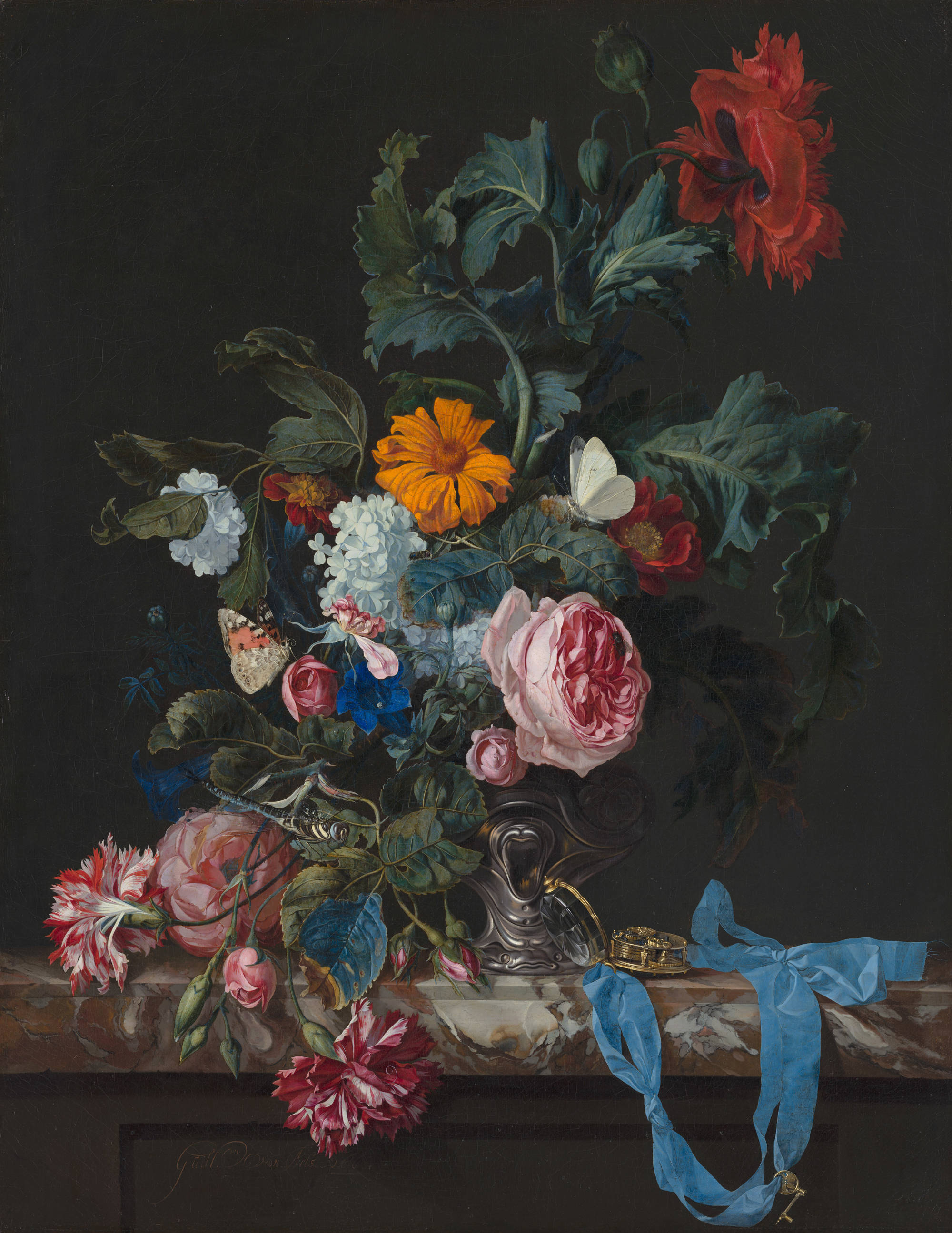 Willem van Aelst - Bloemstilleven met horloge - Flower Still Life with a Timepiece