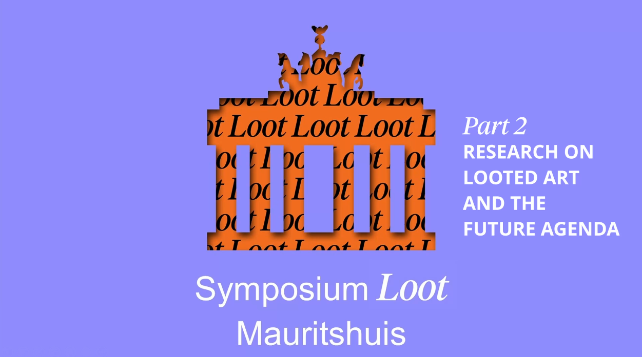Uitsnede van de Brandenburger Tor in het paars met in het oranje daarachter Roofkunst. Tekst: part 2. Research on looted art and the future agenda. Symposium Loot Mauritshuis.