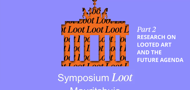 Uitsnede van de Brandenburger Tor in het paars met in het oranje daarachter Roofkunst. Tekst: part 2. Research on looted art and the future agenda. Symposium Loot Mauritshuis.