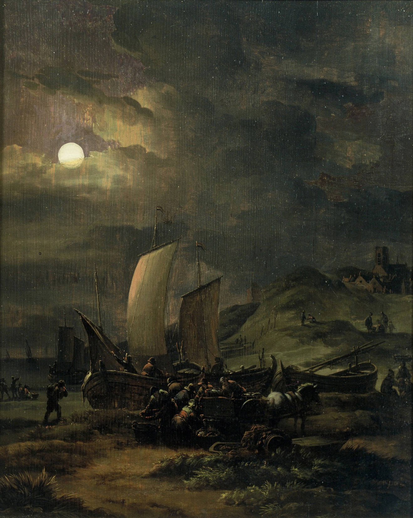 Egbert van der Poel Strand met vissersboten bij nacht Fishing Boats on the Beach at Night