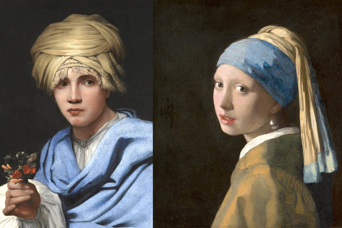 Twee wereldberoemde schilderen op één afbeelding: Jongen met een Tulband van Michiel Sweerts en Meisje met de parel van Johannes Vermeer.
