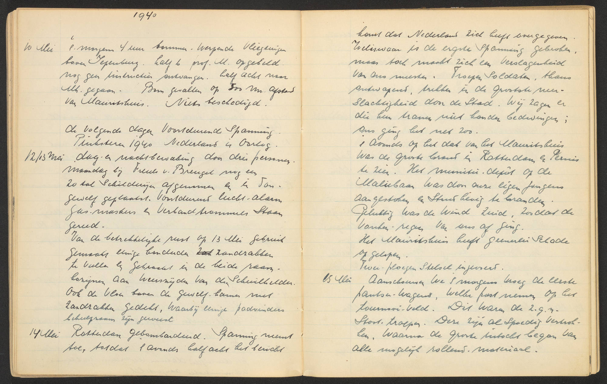 Het logboek van Mense De Groot als ambtenaar van de Administratie van het Mauritshuis uit mei 1940.