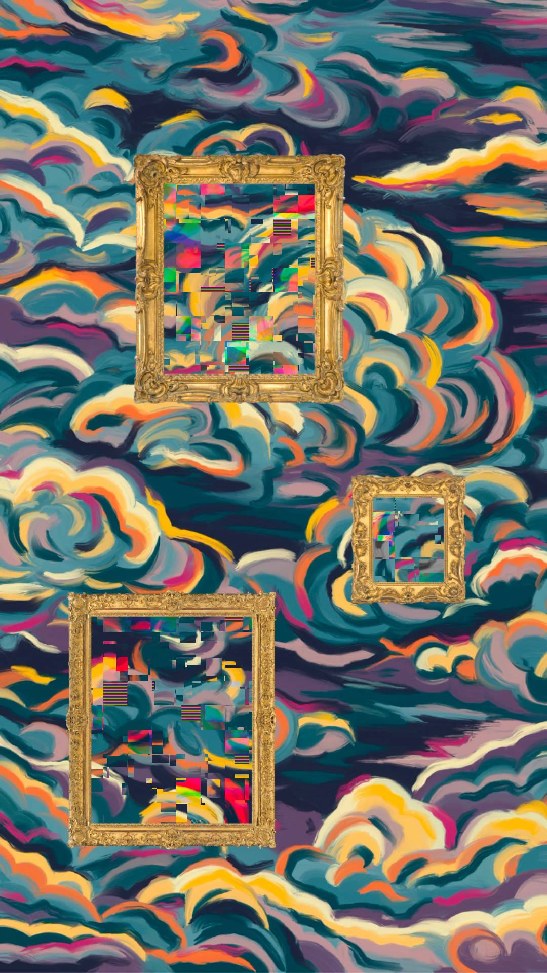 Een grafische afbeelding met drie gouden schilderijlijsten en daaromheen gekleurde wolken.