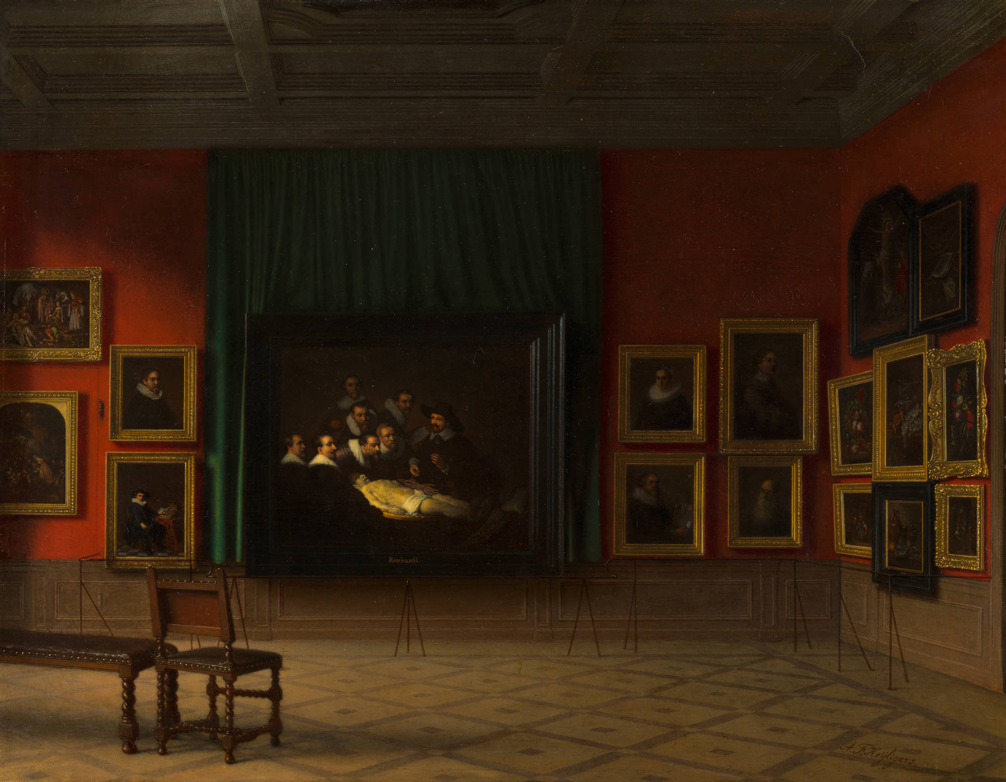 Antoon François Heijligers Interieur van de Rembrandtzaal in het Mauritshuis in 1884