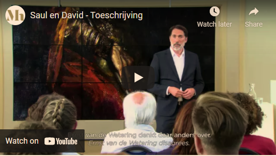 Een still van een video waarin Epco Runia, Hoofd Educatie bij het Mauritshuis voor het werk Saul en David staat en vertelt.