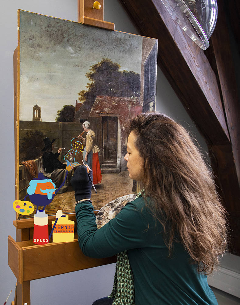 Restaurator Sabrina werkt aan een schilderij van Pieter de Hooch waarop een personage ooit is weggeschilderd