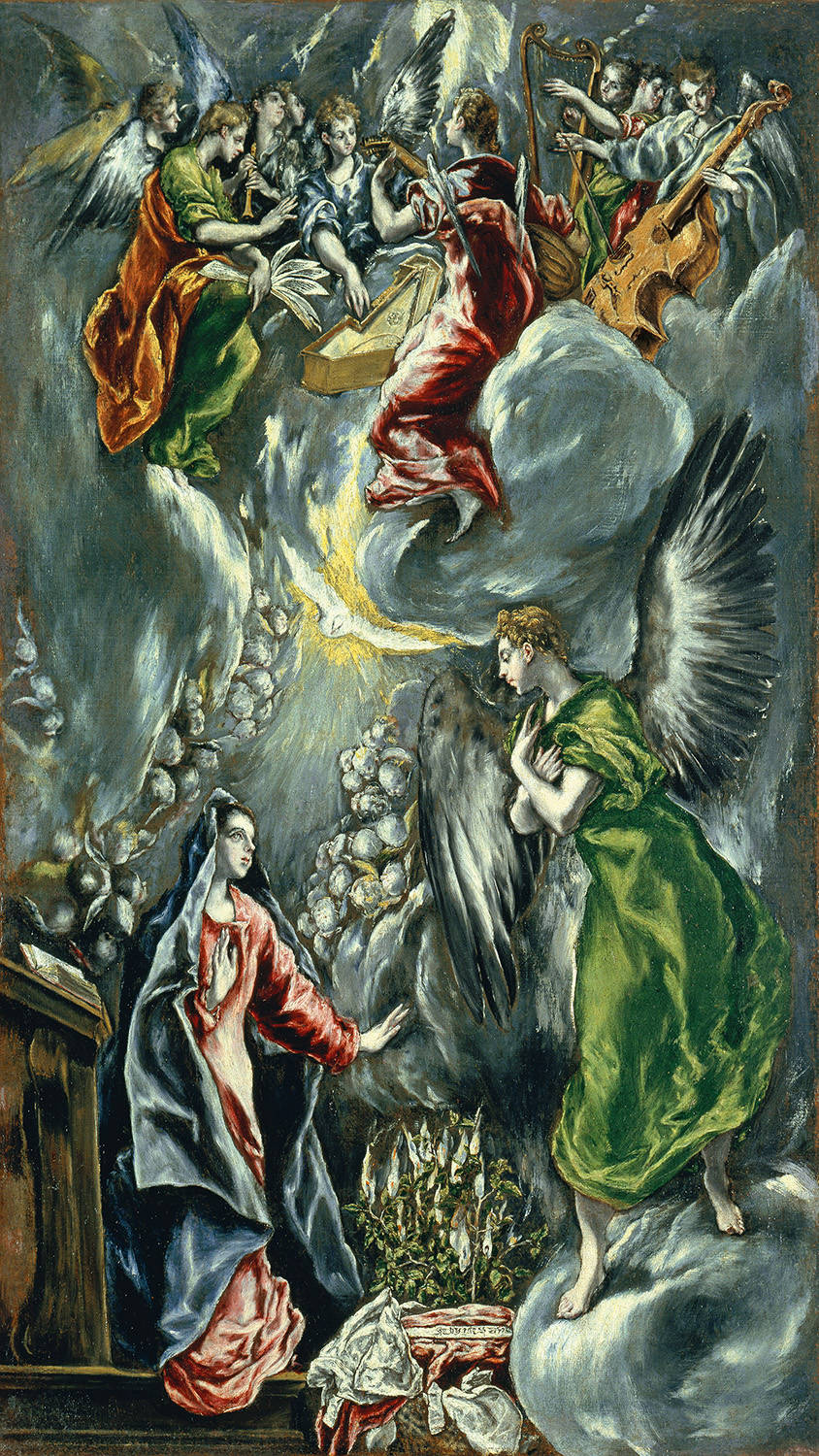 Op dit schilderij van El Greco wordt Maria bezocht door een engel. Hoog in de wolken speelt een orkest van engelen muziek.