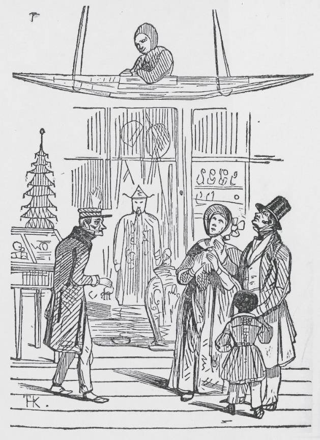 Een tekening van het Koninklijk Kabinet van Zeldzaamheden. Een man zit in een kano die aan het plafond hangt, daaronder staan andere spullen uitgesteld. Een gezin kijkt omhoog.