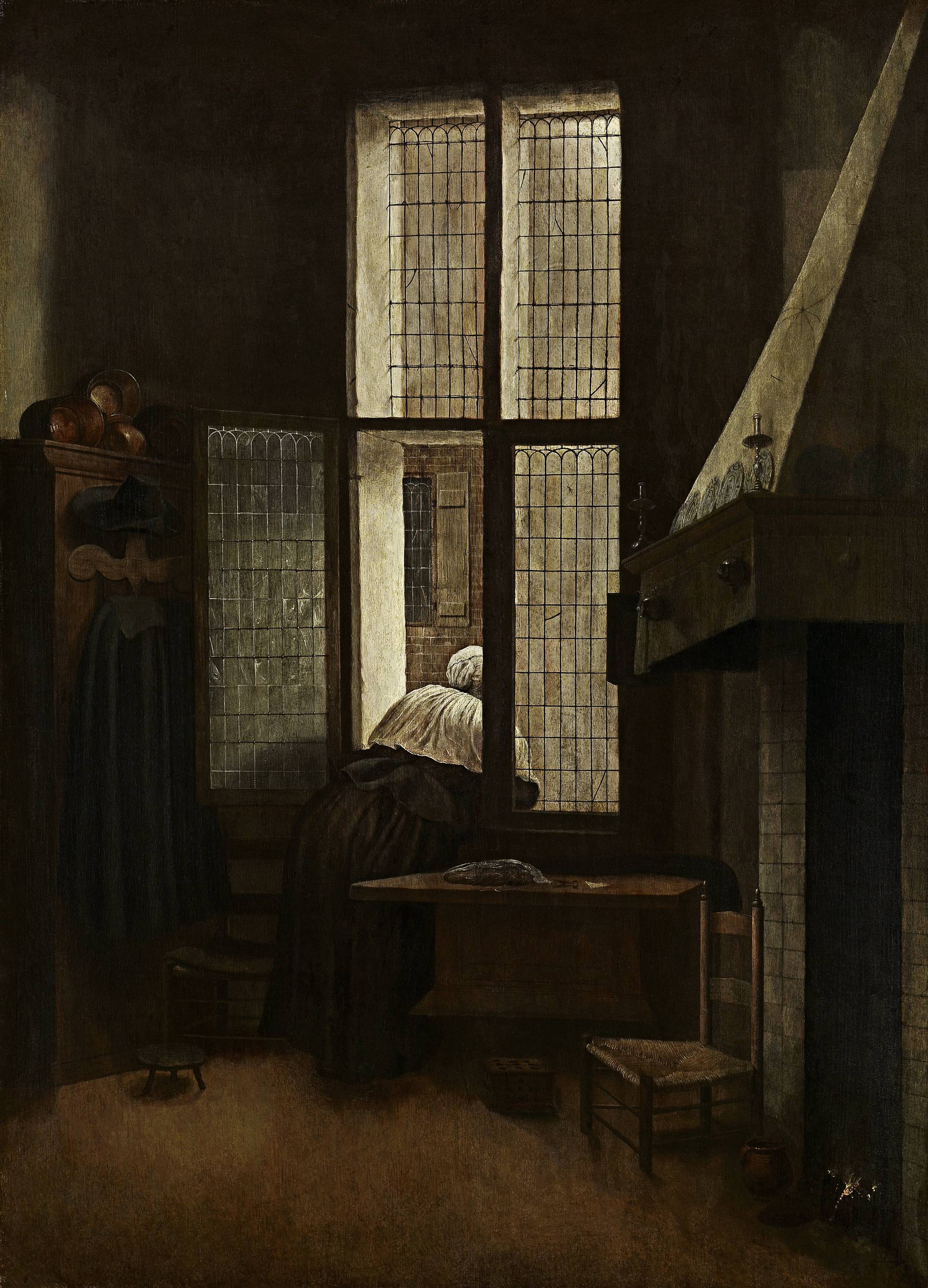 Schilderij van Jacobus Vrel, Vrouw die uit het raam leunt.