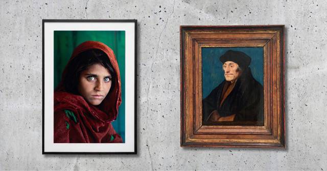 Afghan Girl van Steve McCurry hangt naast een portret van Desiderius Erasmus in Fenix. 