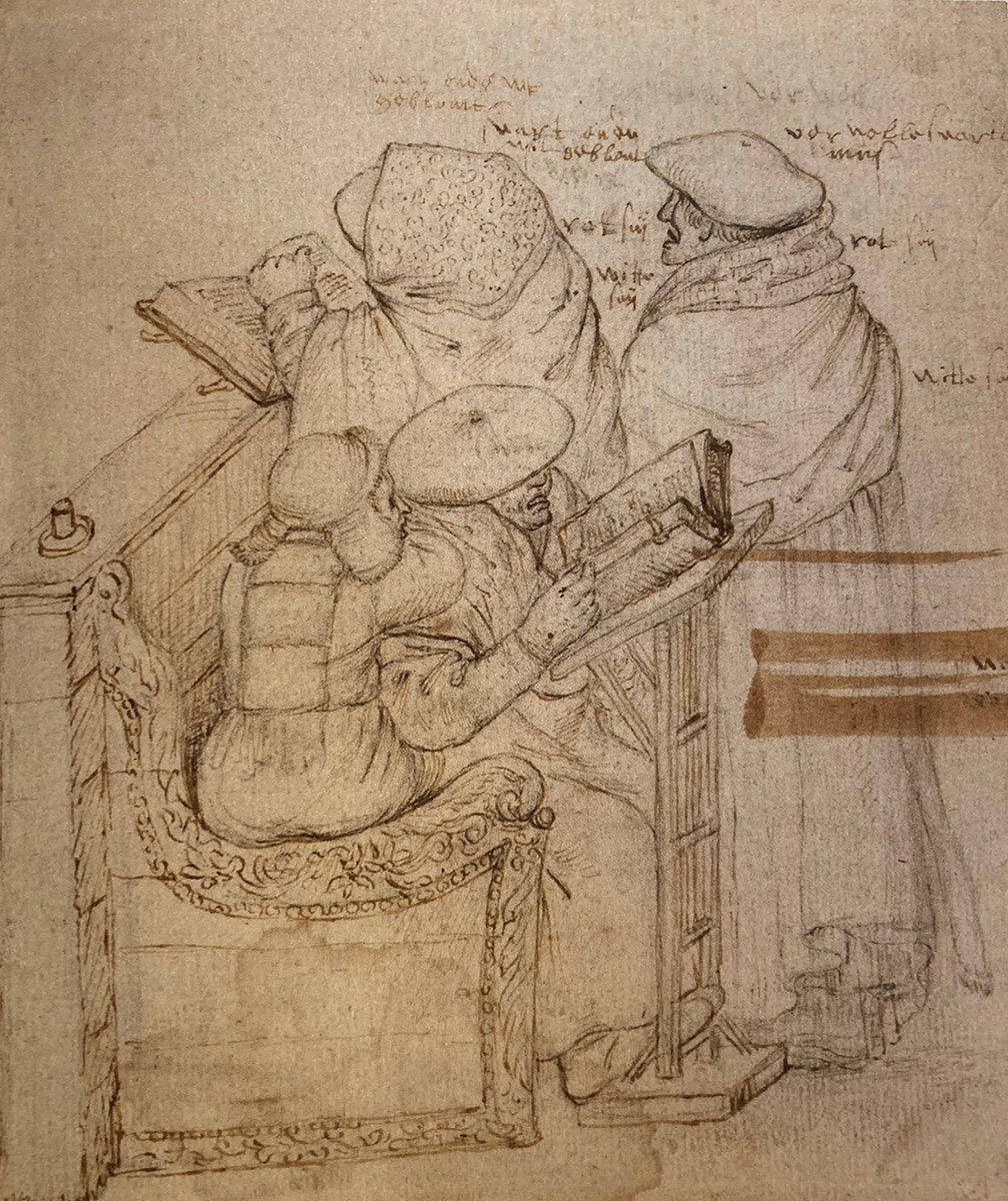 Een schets van Roelant Savery van een synagoge.