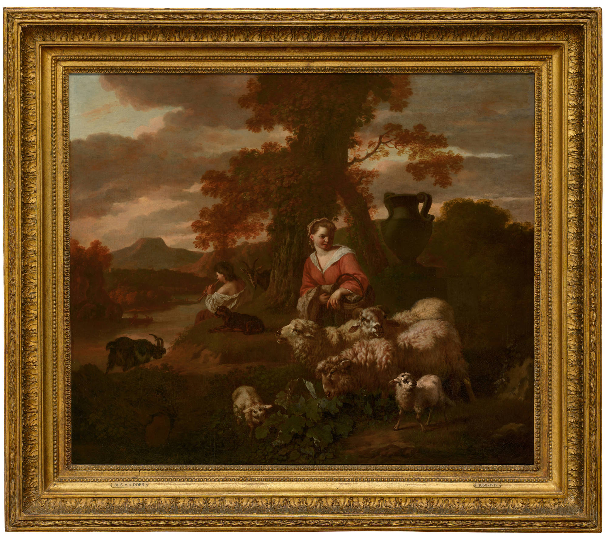 Simon van der Does  Herderin en herder met schapen en geiten Shepherdess and Shepherd with Sheep and Goats