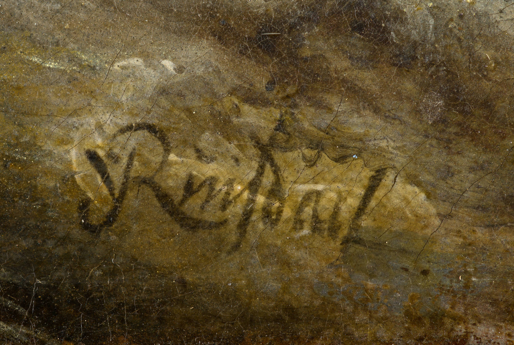 Je ziet de signatuur van schilder Jacob van Ruisdael op het schilderij Gezicht op Haarlem met bleekvelden View of Haarlem with Bleaching Grounds