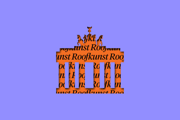 Beeldmerk van Roofkunst, een uitsnede van de Brandenburger Tor in het paars met in het oranje daarachter Roofkunst.