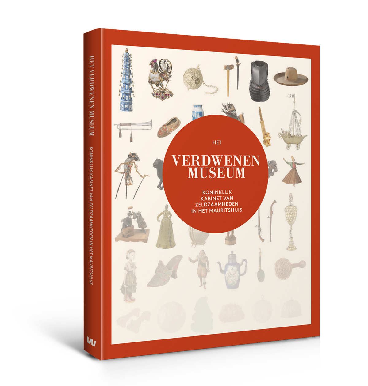 De catalogus van de tentoonstelling Het Verdwenen Museum. Een dik boek met een rode rand.