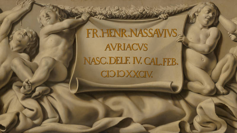 Salomon de Bray Putti dragen een cartouche met de geboortedatum van stadhouder Frederik Hendrik
