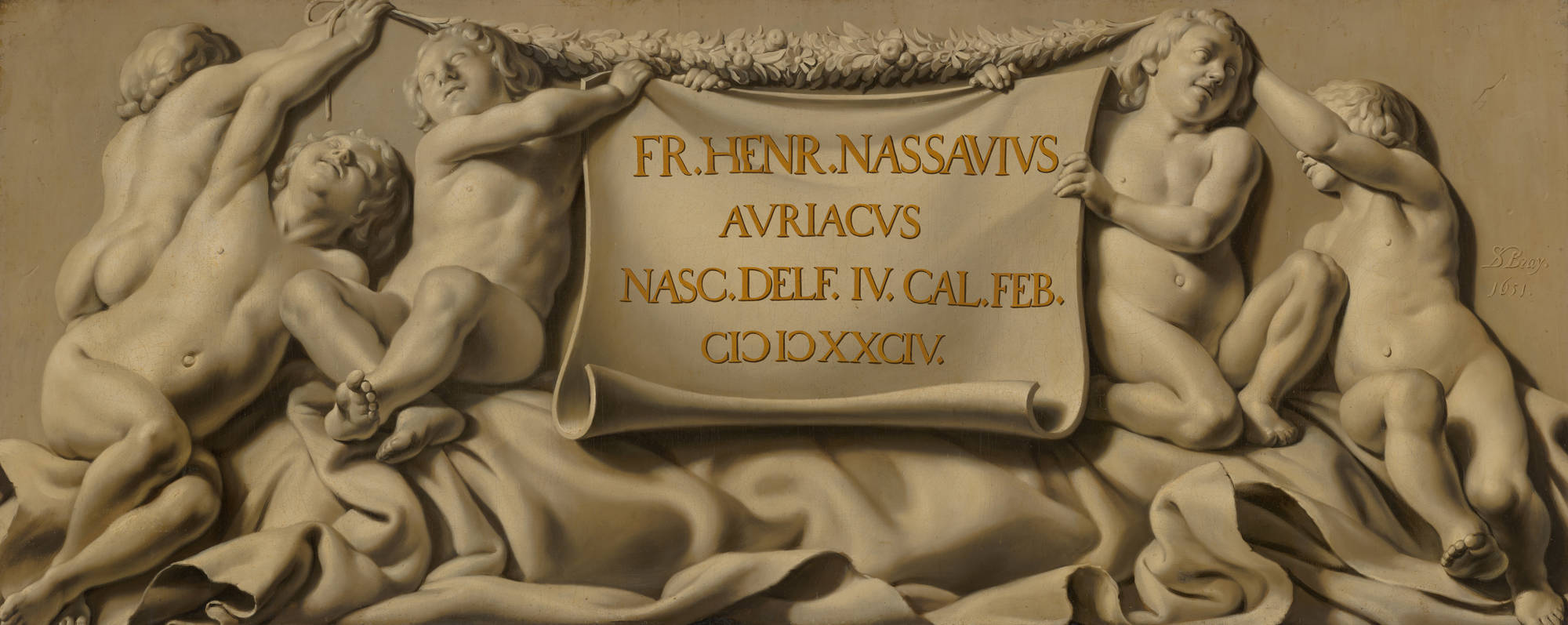 Salomon de Bray Putti dragen een cartouche met de geboortedatum van stadhouder Frederik Hendrik