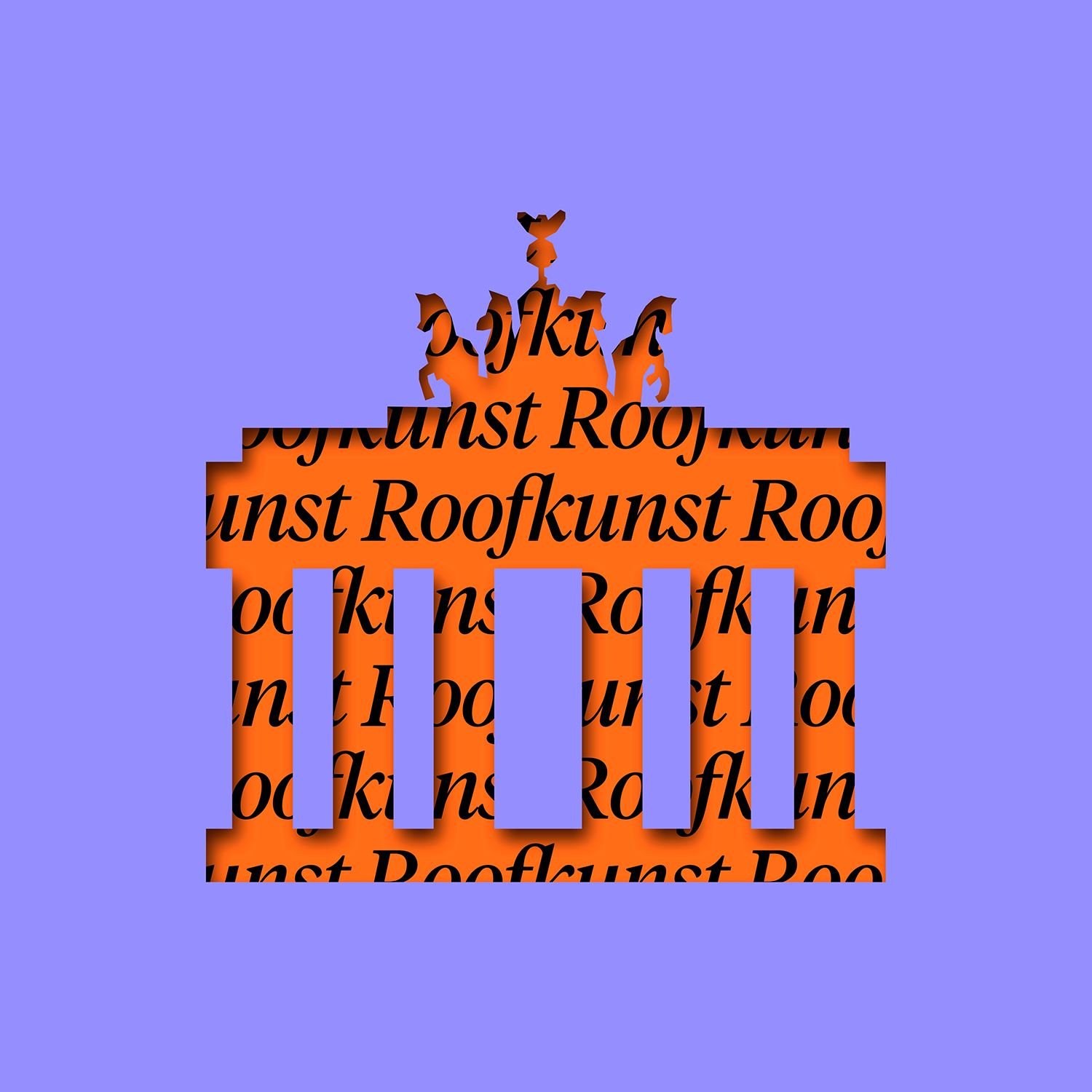 Keyvisual van Roofkunst, een uitsnede van de Brandenburger Tor in het paars met in het oranje daarachter Roofkunst.