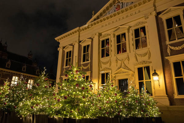 Tal van kerstbomen staan feestelijk verlicht op het voorplein van het Mauritshuis in Den Haag.
