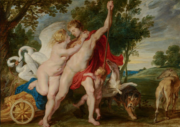 Peter Paul Rubens (atelier kopie)  Venus poogt Adonis van de jacht te weerhouden