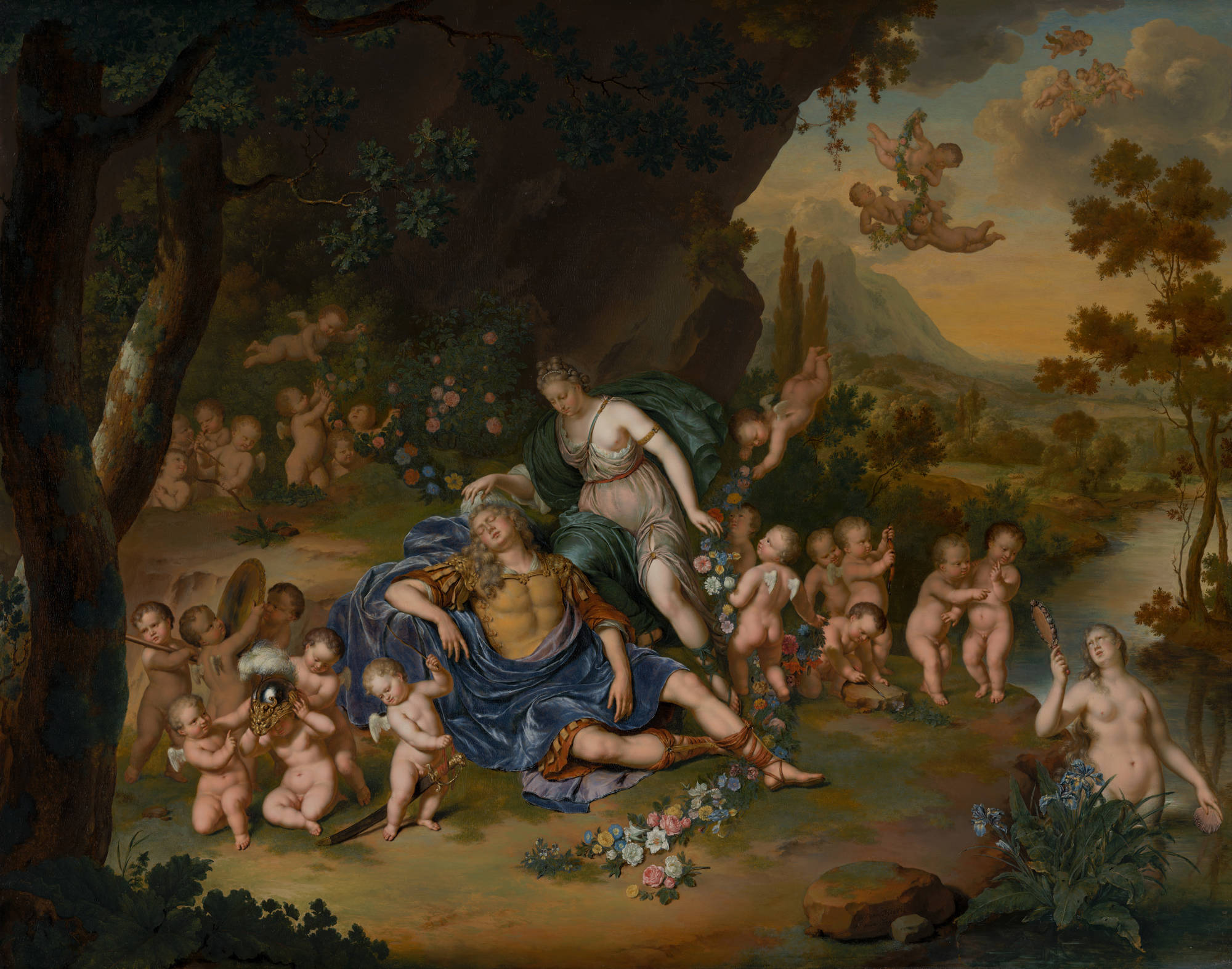 Willem van Mieris Armida bindt de slapende Rinaldo met bloemen