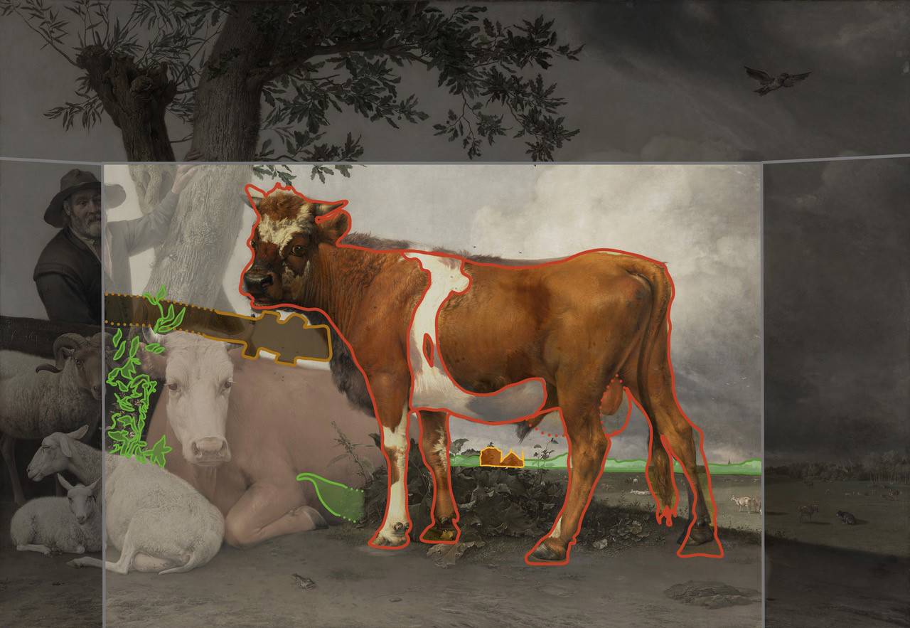 Een diagram van elementen die Potter schilderde in eerdere stadia van De Stier. Maar tijdens het schilderproces weer wijzigde. Het vlak met de lichte kleur geeft het eerste doek aan.