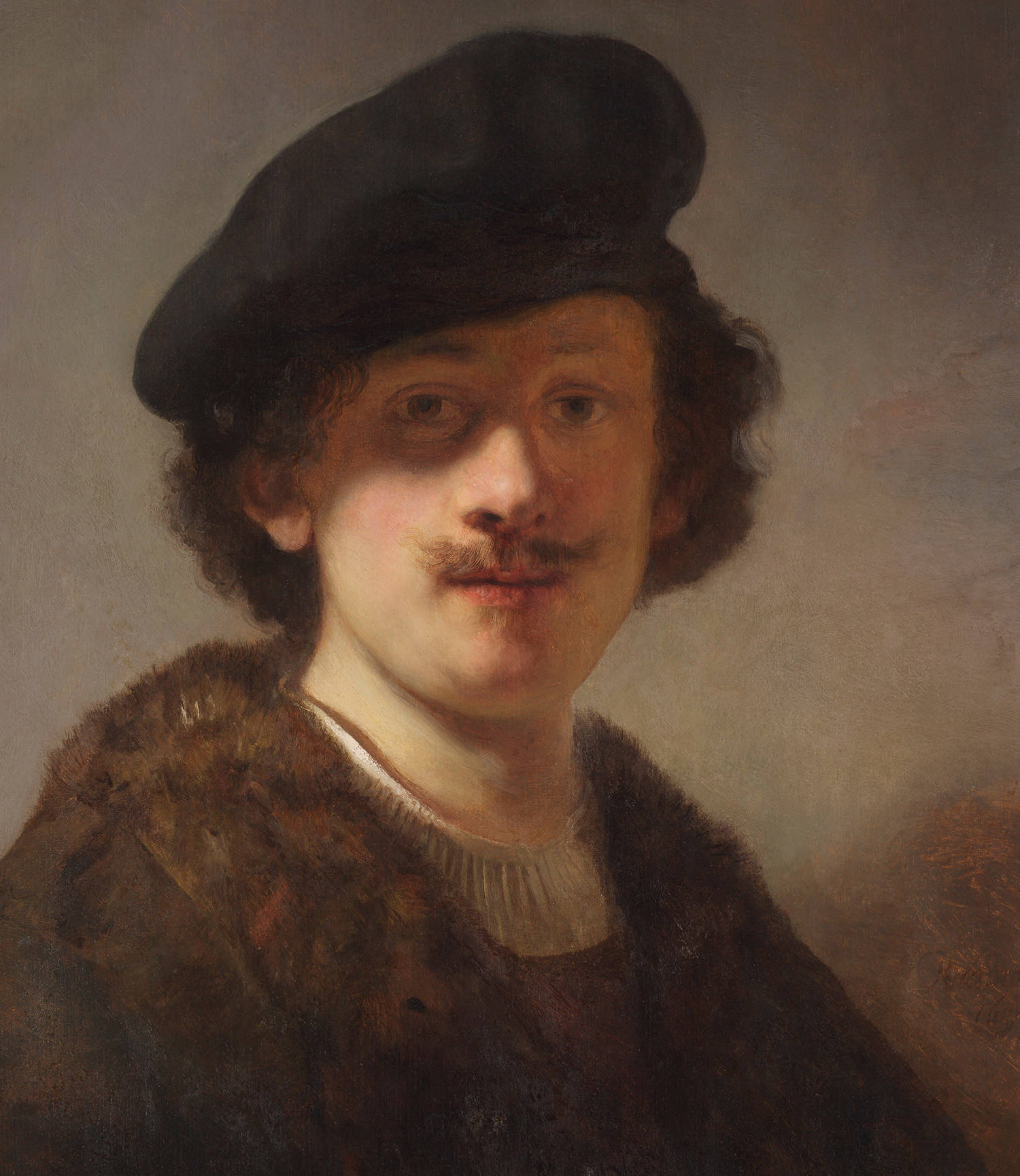 Een zelfportret van Rembrandt van Rijn met een baret, zijn ogen valen deels weg in de schaduw