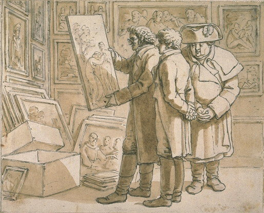 Een tekening van Denon die schilderijen onderzoekt in het Louvre.