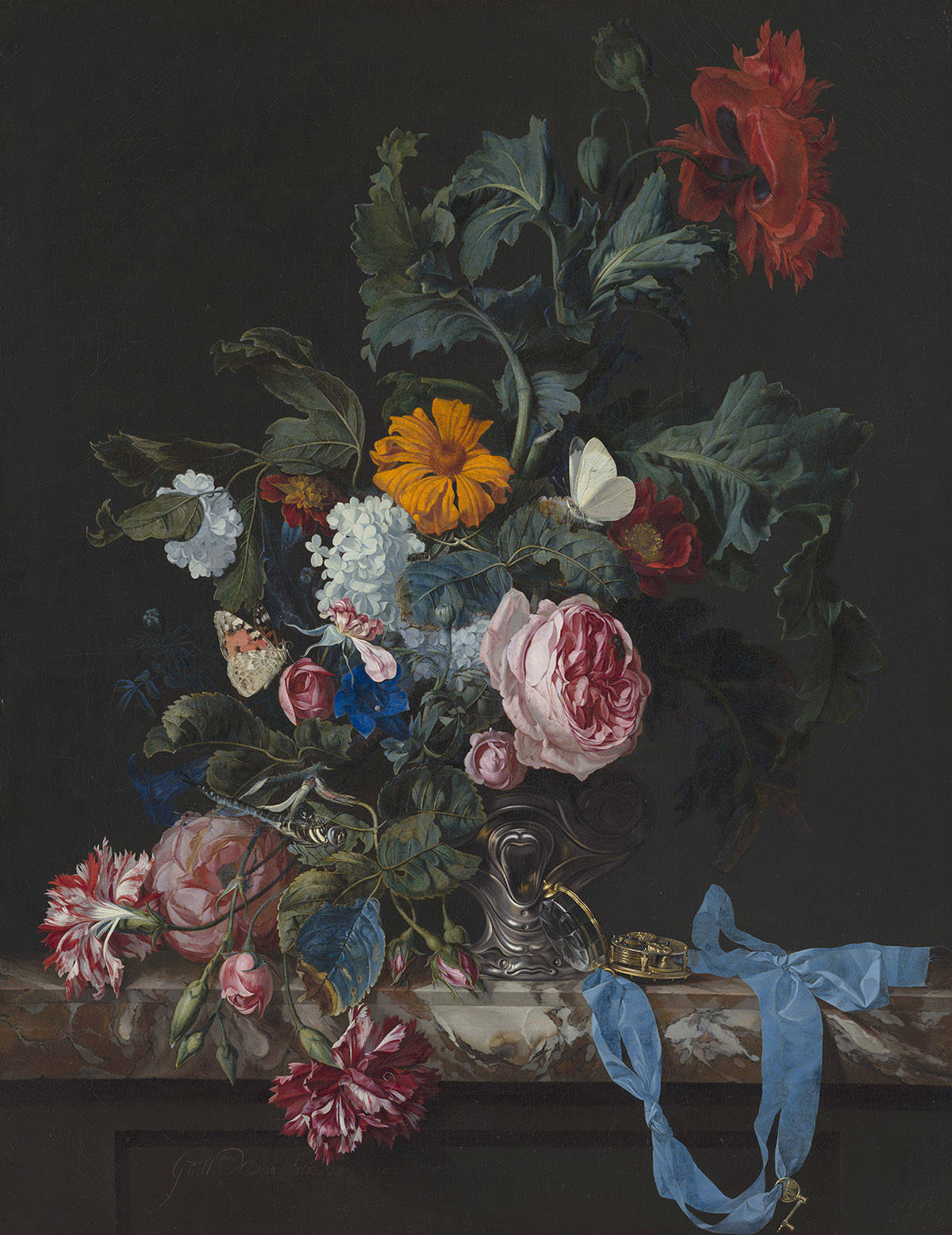 Willem Van Aelst, Bloemstilleven Met Horloge, 1663.