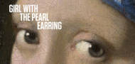 Detail van de ogen van het Meisje van de Parel, met daaroverheen de tekst: Girl with the Pearl Earring