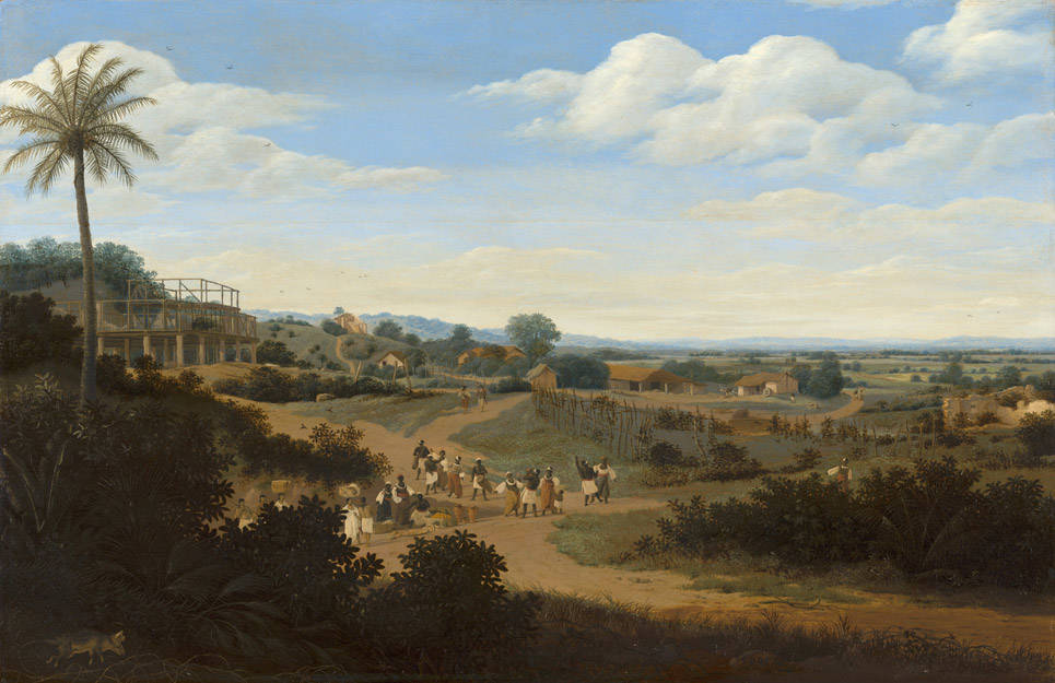 Schilderij 'Braziliaans landschap met een huis in aanbouw' van Frans Post