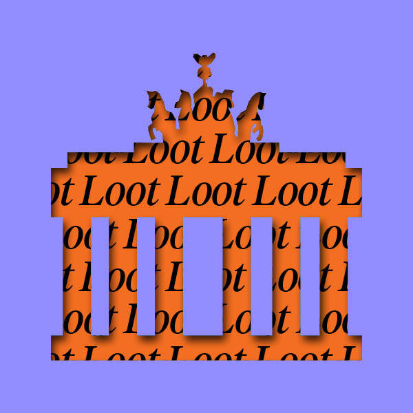 English keyvisual of Loot, a detail of the Brandenburg Gate in purple with Loot in orange behind it.