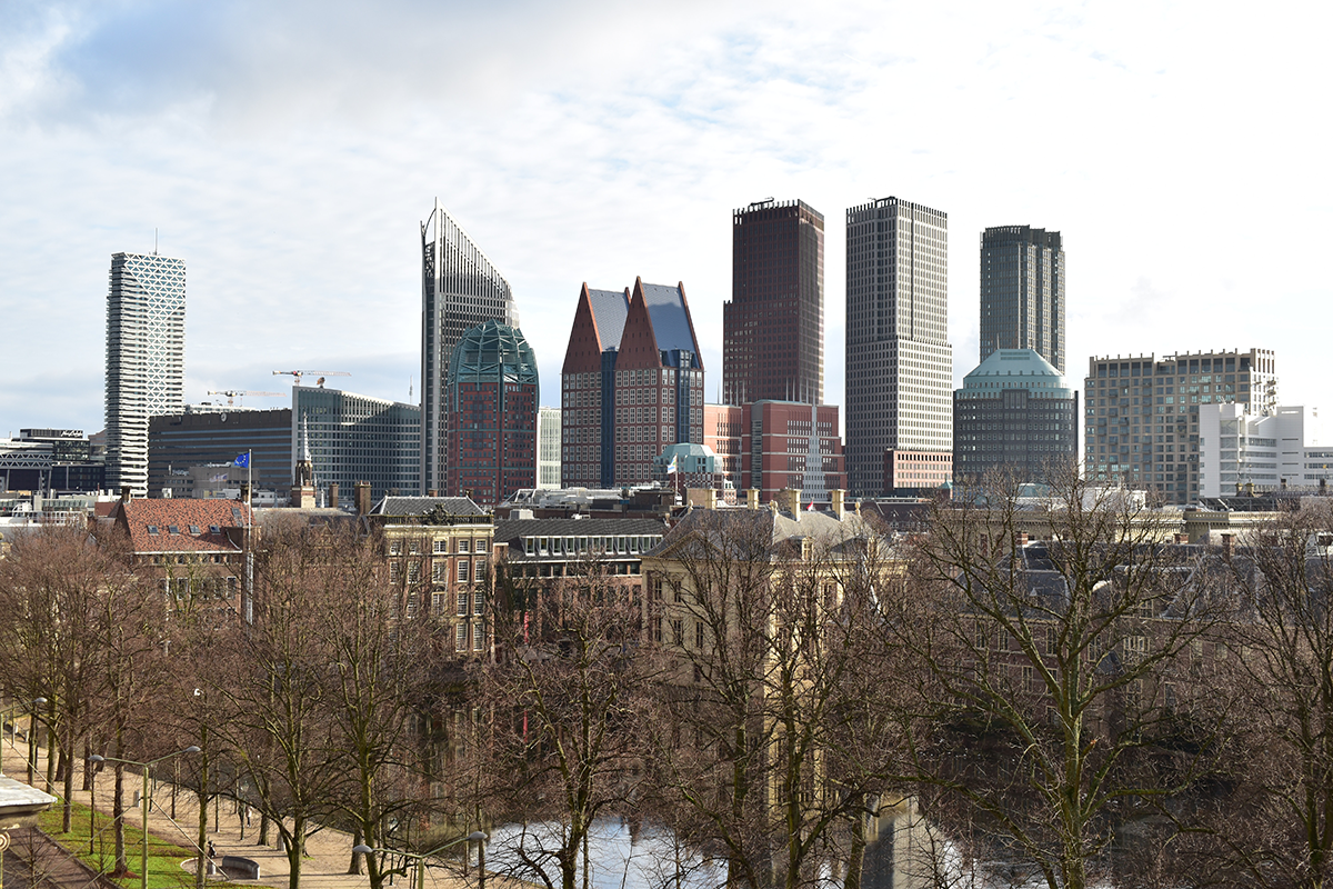 Een overzichtsfoto van de Hofvijver met daaraan het Mauritshuis. Op de achtergrond zie je de grootse skyline van Den Haag met wolkenkrabbers.